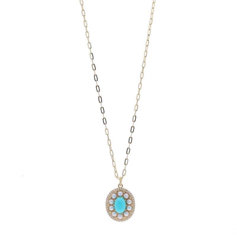 Metal Content: 14k Yellow Gold

Stone Information

Natural Turquoise
Treatment: Routinely Enhanced
Cut: Oval Cabochon
Color: Greenish Blue

Cultured Pearls
Color: White

Natural Diamonds
Carat(s): .10ctw
Cut: Single
Color: G
Clarity: VS2 -