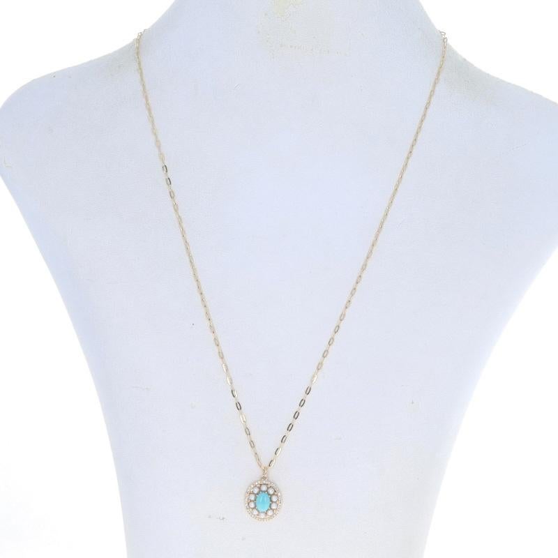 Oval Cut Yellow Gold Turquoise Pearl Diamond Dbl Halo Necklace 14k Oval Cab .10ctw Adjust For Sale