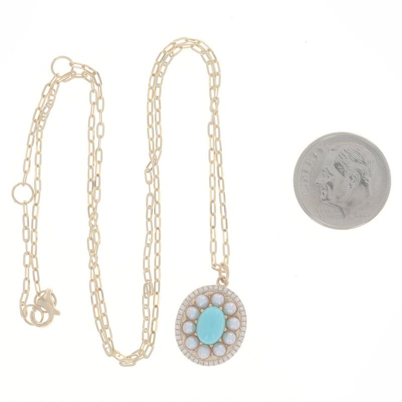 Yellow Gold Turquoise Pearl Diamond Dbl Halo Necklace 14k Oval Cab .10ctw Adjust In New Condition For Sale In Greensboro, NC
