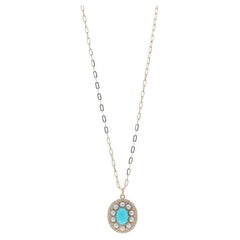 Yellow Gold Turquoise Pearl Diamond Dbl Halo Necklace 14k Oval Cab .10ctw Adjust