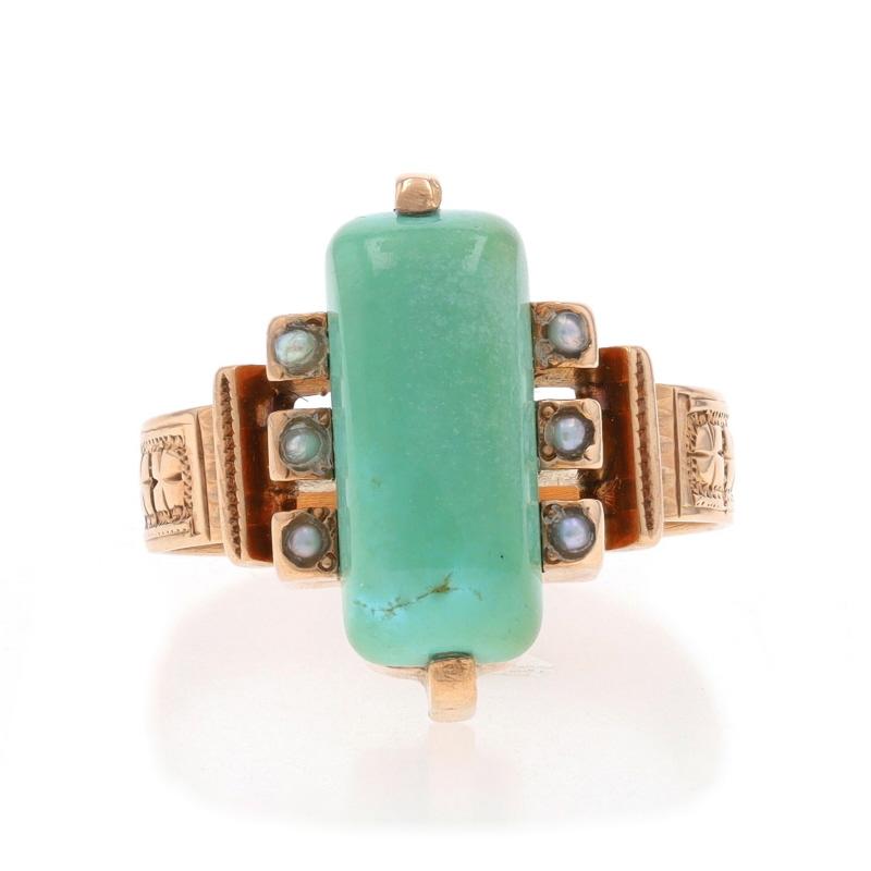 Size: 5 1/4

Era: Victorian
Date: 1880s - 1890s

Metal Content: 10k Yellow Gold

Stone Information
Natural Turquoise
Treatment: Routinely Enhanced
Color: Green

Natural Pearls

Style: Solitaire with Accents
Theme: Four-Leaf Clovers
Features: Etched