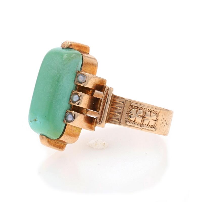 Yellow Gold Turquoise & Pearl Victorian Ring - 10k Four-Leaf Clovers Antique In Excellent Condition In Greensboro, NC