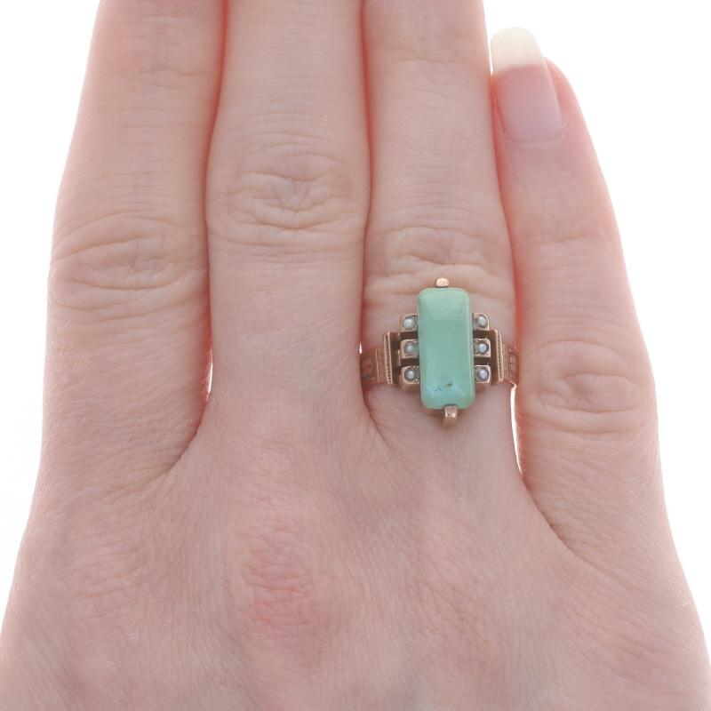 Women's Yellow Gold Turquoise & Pearl Victorian Ring - 10k Four-Leaf Clovers Antique