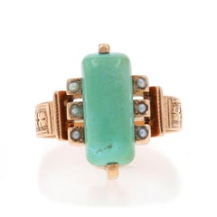 Yellow Gold Turquoise & Pearl Victorian Ring - 10k Four-Leaf Clovers Antique