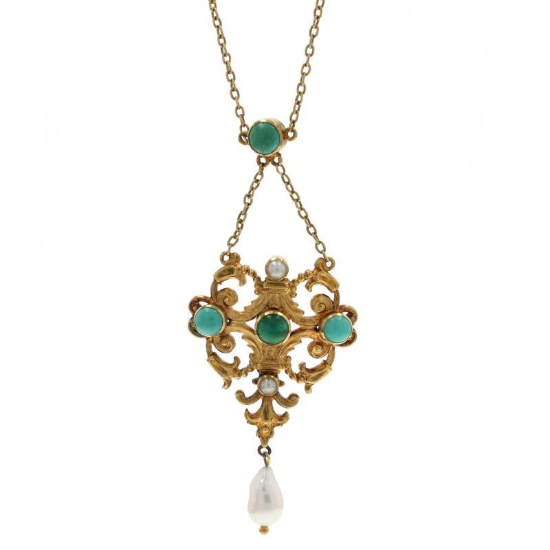 Époque : Édouardien

Contenu du métal : Or jaune 18k

Informations sur les pierres

Turquoise verte naturelle
Traitement : Amélioration de routine

Perles naturelles

Style de chaîne : Câble
Style du collier : Chaîne
Type de fermeture : Fermoir
