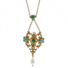 Yellow Gold Turquoise Pearls Edwardian Lavalier Pendant Necklace 15 1/4" 18k