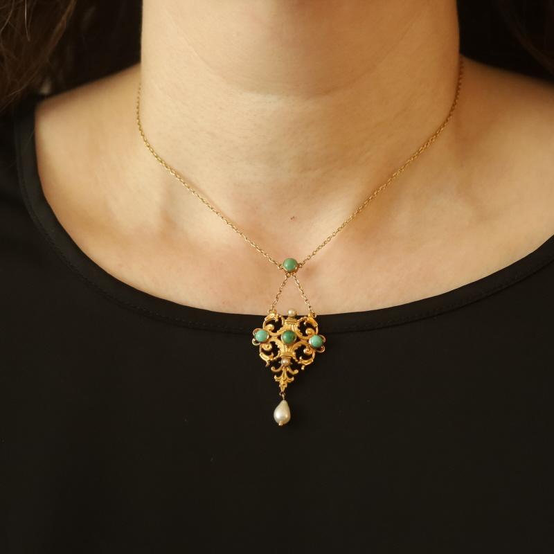 Collier pendentif Lavalier Edwardien en Or Jaune Turquoise Perles 15 1/4