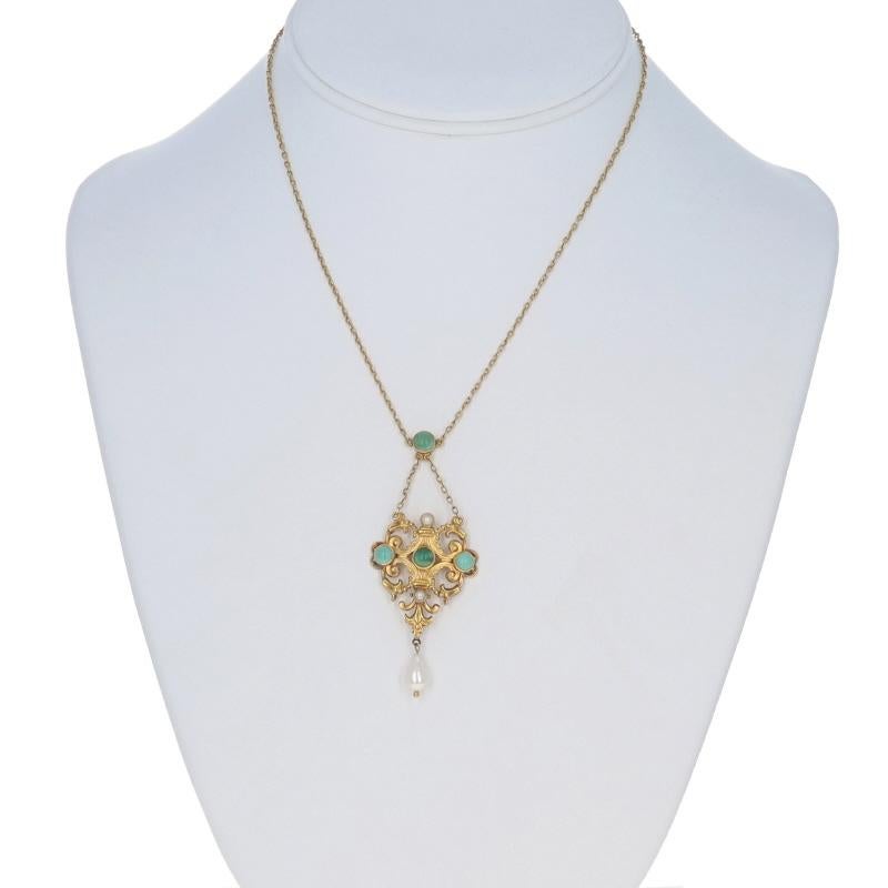 Collier pendentif Lavalier Edwardien en Or Jaune Turquoise Perles 15 1/4