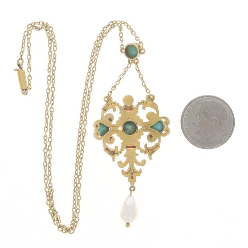 Collier pendentif Lavalier Edwardien en Or Jaune Turquoise Perles 15 1/4