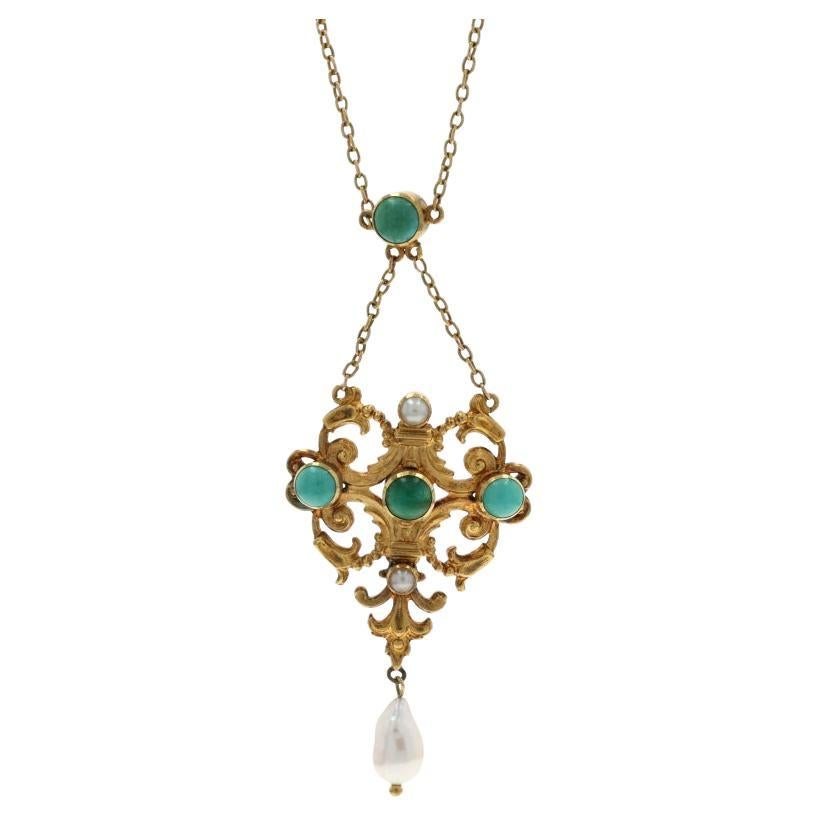 Perle di turchese in oro giallo Collana Lavalier Edwardiana 15 1/4" 18k