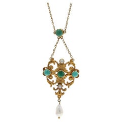 Perle di turchese in oro giallo Collana Lavalier Edwardiana 15 1/4" 18k