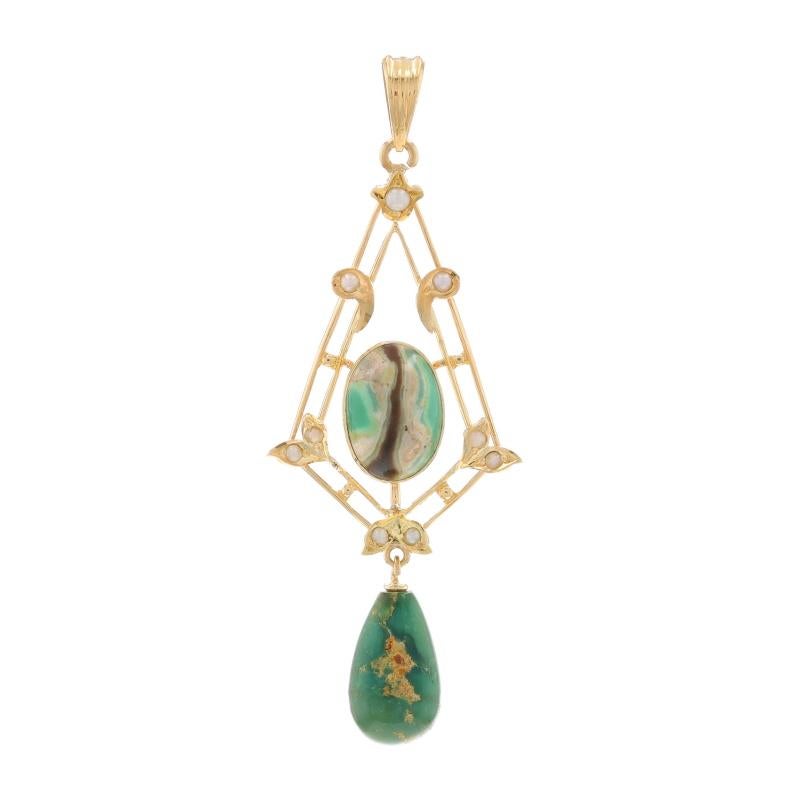 Époque : Édouardien

Contenu du métal : Or jaune 14k

Informations sur les pierres

Turquoise verte naturelle
Traitement : Amélioration de routine
Taille : Cabochon ovale et goutte d'eau

Perles de rocaille

Style : Lavalière

Mesures

Hauteur (à