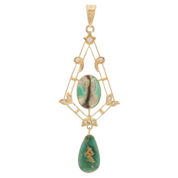 Pendentif Lavalière Edwardien en Or Jaune Turquoise Perles-14k Cabochon & Teardrop en vente