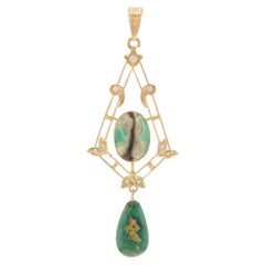 Pendentif Lavalière Edwardien en Or Jaune Turquoise Perles-14k Cabochon & Teardrop