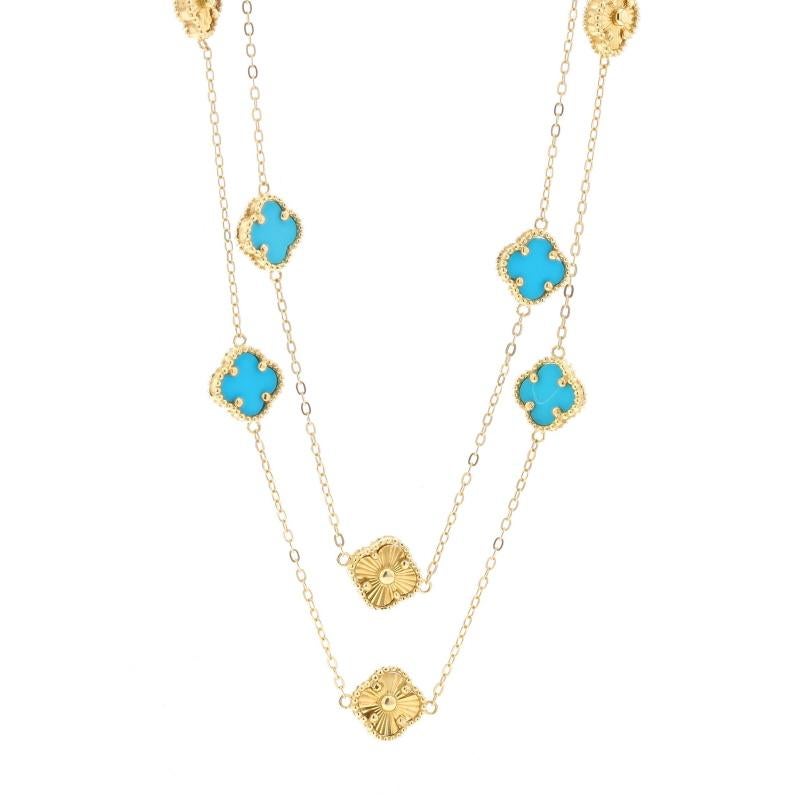 Metal Content: 18k Yellow Gold

Stone Information

Natural Turquoise
Treatment: Routinely Enhanced
Color: Blue

Chain Style: Flat Cable
Necklace Style: Chain Station
Fastening Type: N/A (slides over head)
Theme: Quatrefoil