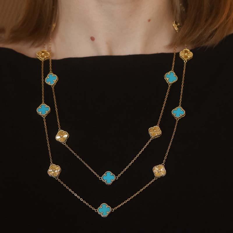 Bead Yellow Gold Turquoise Quatrefoil Flower Station Necklace 46