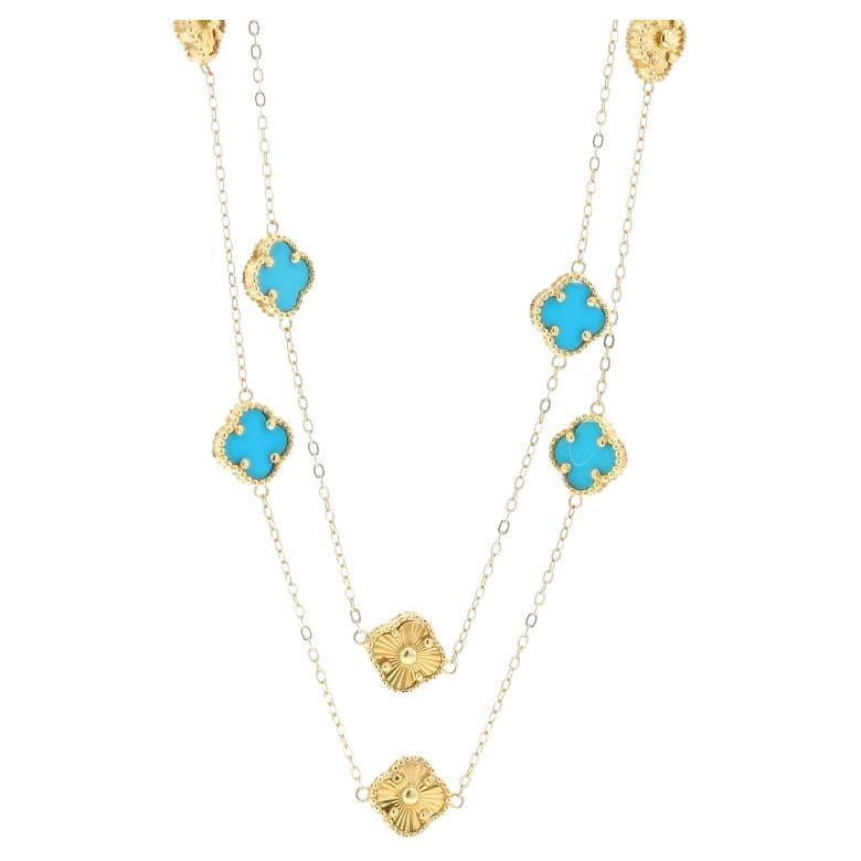 Yellow Gold Turquoise Quatrefoil Flower Station Necklace 46" - 18k Cable Chain For Sale