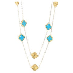 Yellow Gold Turquoise Quatrefoil Flower Station Necklace 46" - 18k Cable Chain