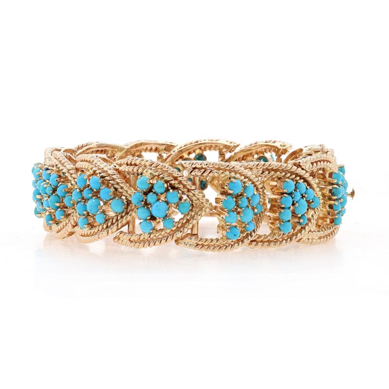 Round Cut Yellow Gold Turquoise Retro Cluster Link Bracelet 6 3/4