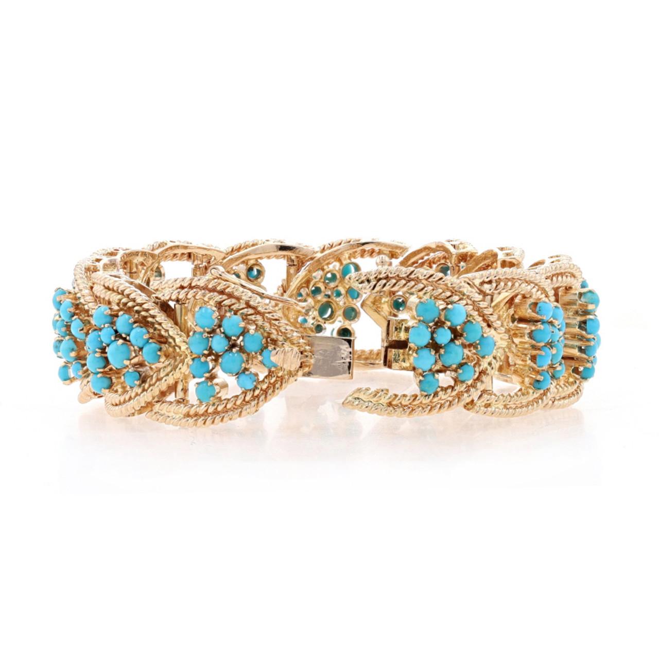 Yellow Gold Turquoise Retro Cluster Link Bracelet 6 3/4