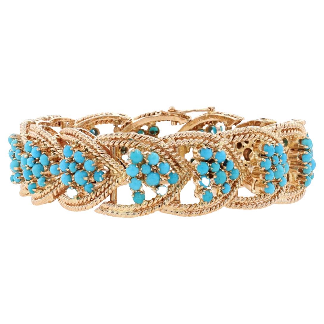 Yellow Gold Turquoise Retro Cluster Link Bracelet 6 3/4" 18k Round Cabochon