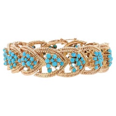 Yellow Gold Turquoise Retro Cluster Link Bracelet 6 3/4" 18k Round Cabochon