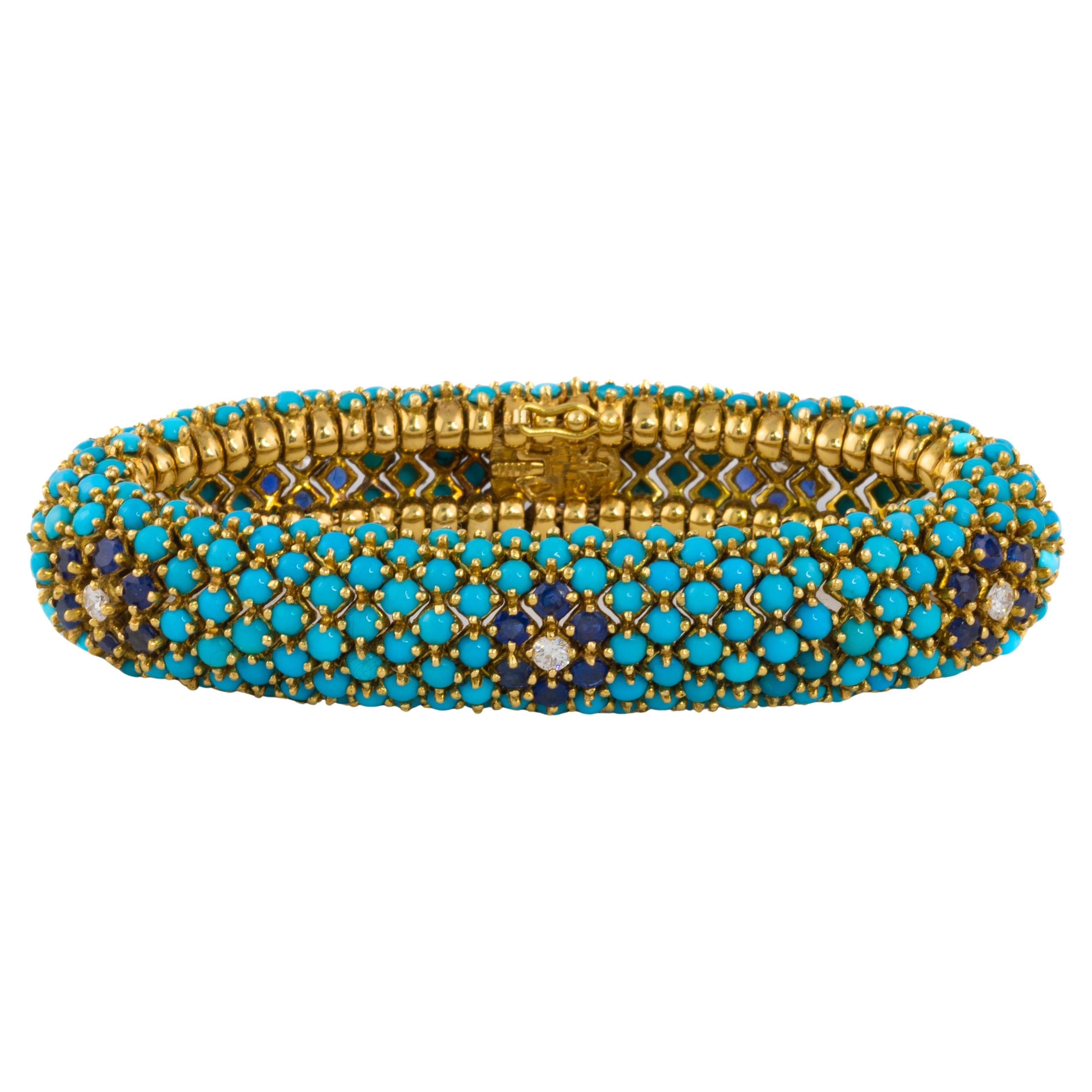 Bracelet en or jaune avec treillis de turquoises, saphirs et diamants