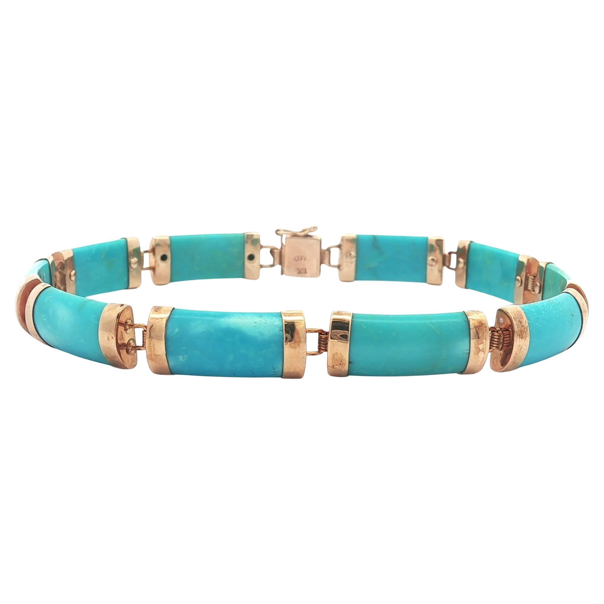 Yellow Gold Turquoise Section Line Link Bracelet w/ Asian Push Clasp