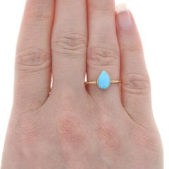 Yellow Gold Turquoise Solitaire Ring - 18k Pear Cabochon Brushed