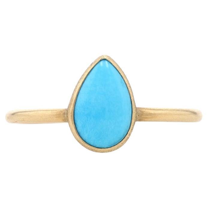 Yellow Gold Turquoise Solitaire Ring - 18k Pear Cabochon Brushed For Sale