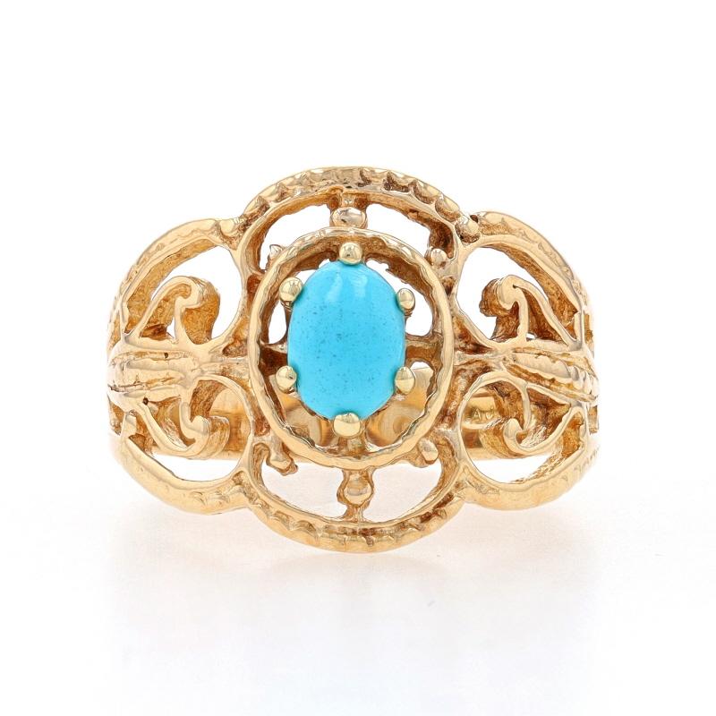 Size: 6 3/4
Sizing Fee: Up 2 sizes for $45 or Down 2 sizes for $40

Metal Content: 9k Yellow Gold

Stone Information

Natural Turquoise
Treatment: Routinely Enhanced
Cut: Oval Cabochon
Color: Blue

Style: Solitaire
Theme: Scrollwork
Features: Open
