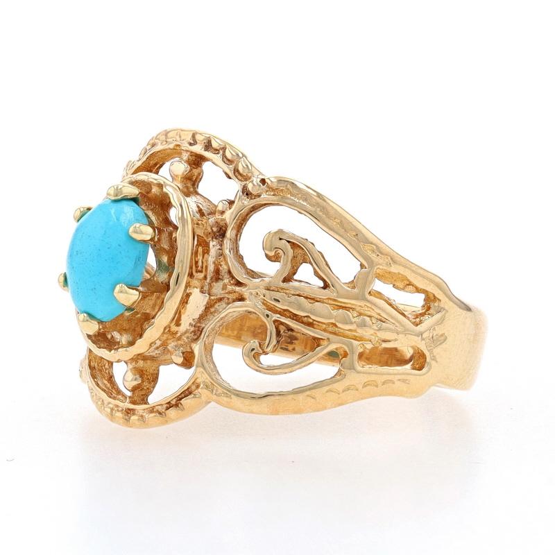 Yellow Gold Turquoise Solitaire Ring - 9k Oval Cabochon Scrollwork In Excellent Condition For Sale In Greensboro, NC
