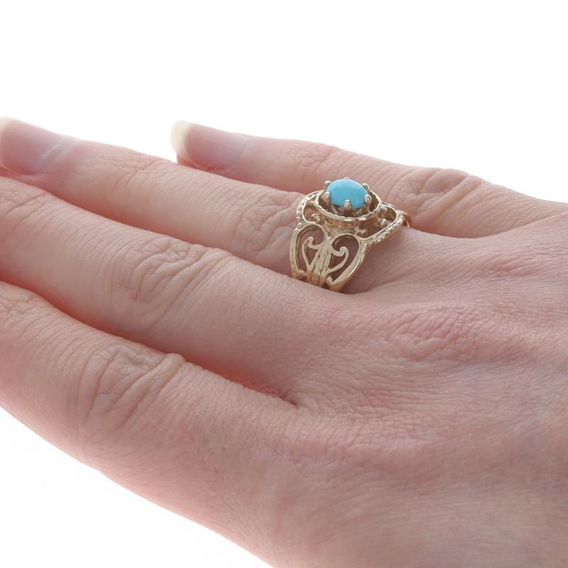 Women's Yellow Gold Turquoise Solitaire Ring - 9k Oval Cabochon Scrollwork For Sale