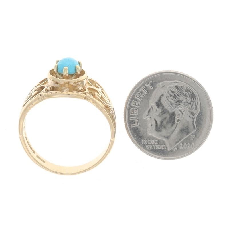 Yellow Gold Turquoise Solitaire Ring - 9k Oval Cabochon Scrollwork For Sale 1