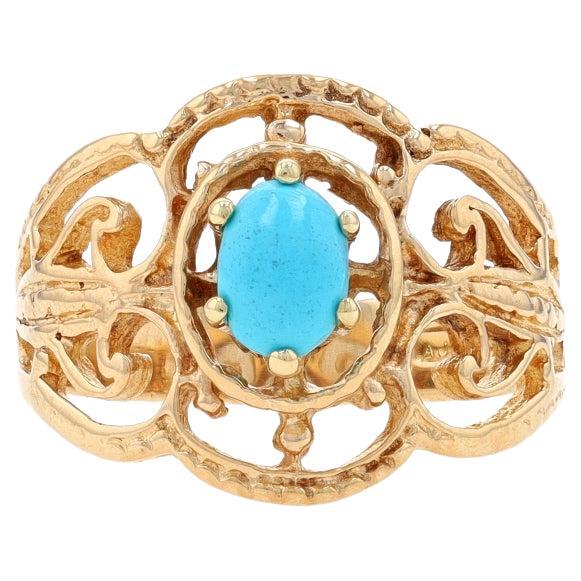 Yellow Gold Turquoise Solitaire Ring - 9k Oval Cabochon Scrollwork For Sale
