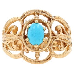 Yellow Gold Turquoise Solitaire Ring - 9k Oval Cabochon Scrollwork