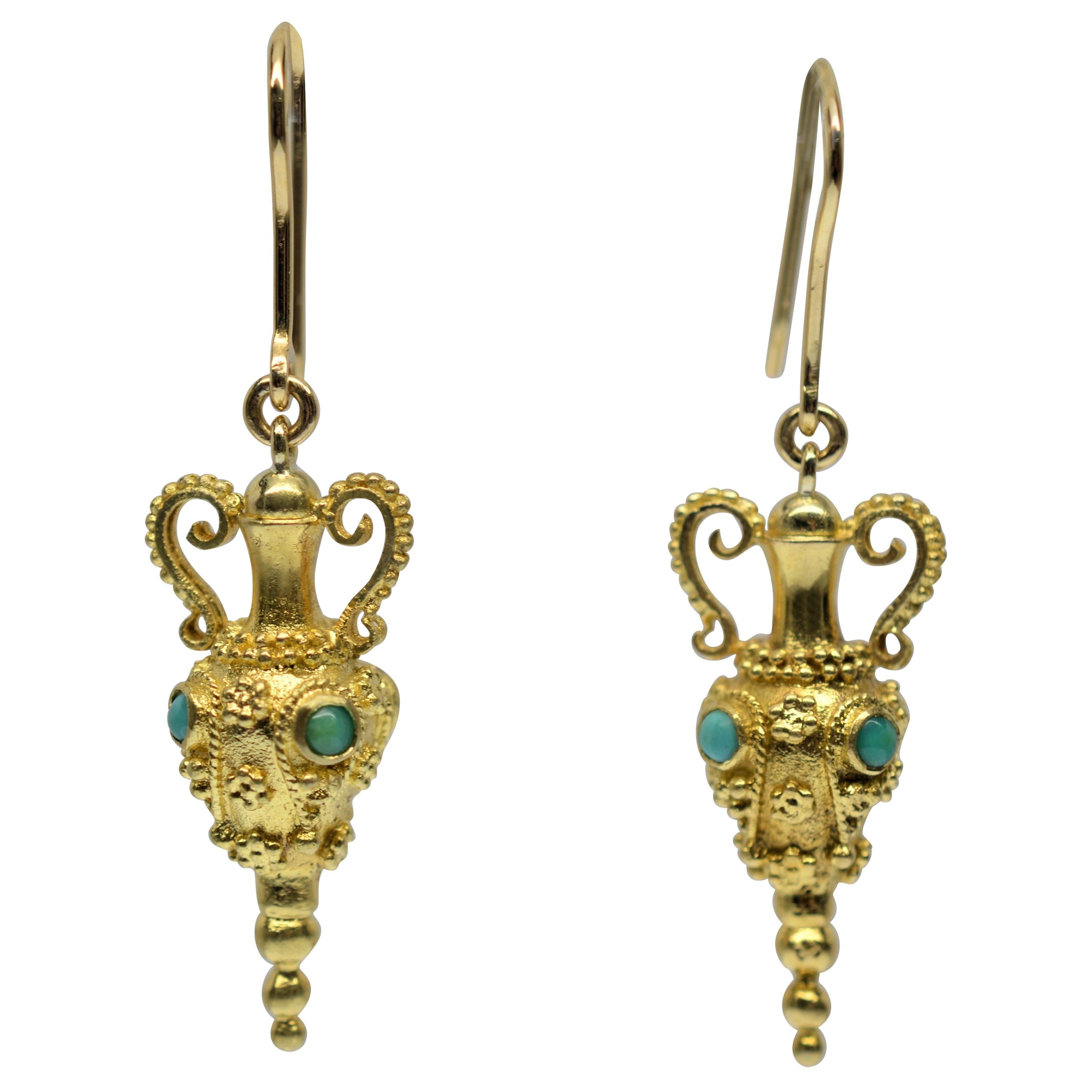 18 Karat Yellow Gold Exotic Urn Inspired Drop Earrings with Turquoise Accents For Sale