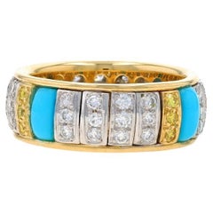 Yellow Gold Turquoise & Yellow Diamond Eternity Band - 18k Treated Ring Sz 6 1/4