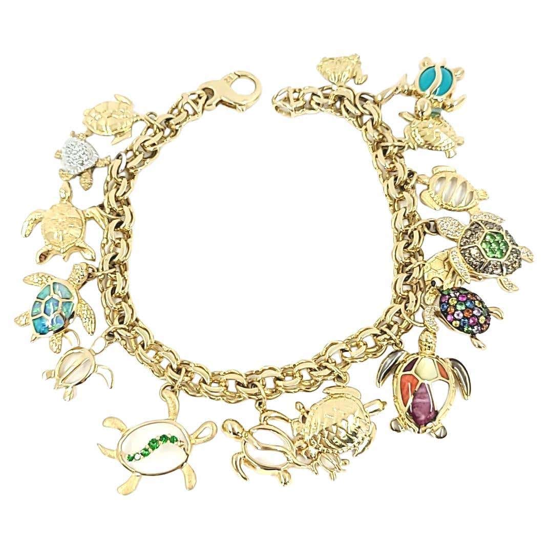 Turtle Bangle Yellow Gold Turtle Charm Bracelet For Sale at 1stDibs