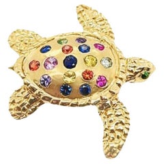 Yellow Gold Turtle Pendant with Multicolor Gemstones