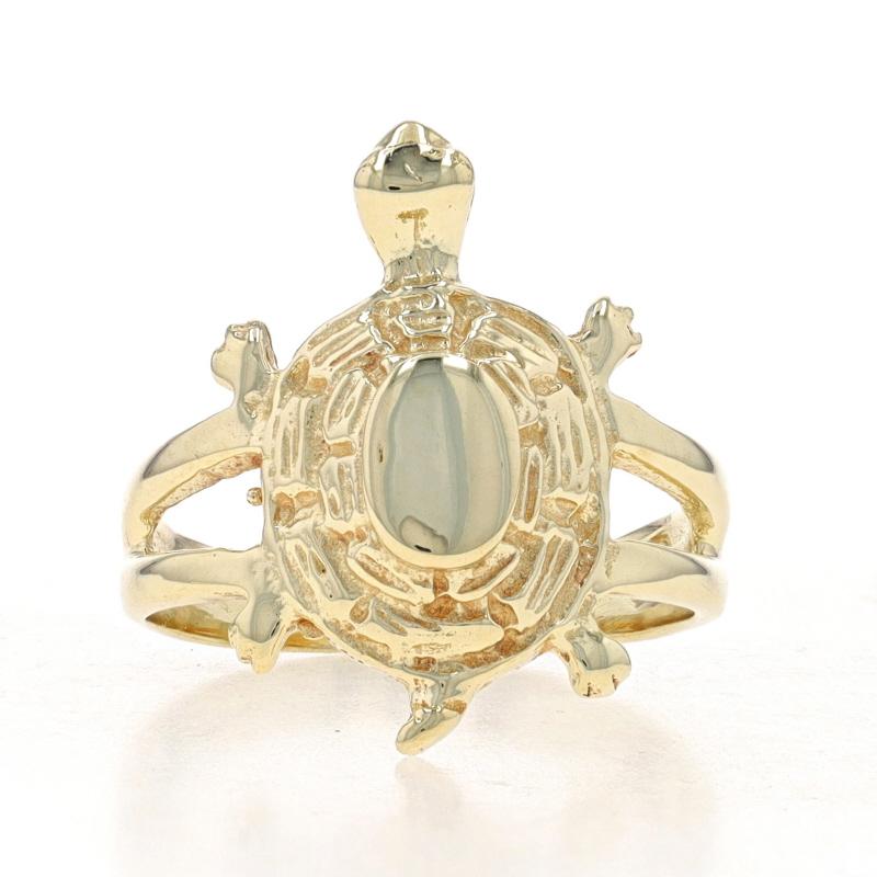 Size: 3 3/4
Sizing Fee: Up 2 sizes for $25 or Down 1 size for $20

Metal Content: 10k Yellow Gold

Style: Statement
Theme: Turtle, Reptile
Features: Etched Details and Split Shoulders

Measurements

Face Height (north to south): 11/16