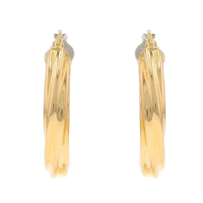 Metal Content: 18k Yellow Gold

Style: Hoop
Fastening Type: Snap Closures
Theme: Twist
Features: Hollow construction for comfortable, all day wear

Measurements

Tall: 23/32