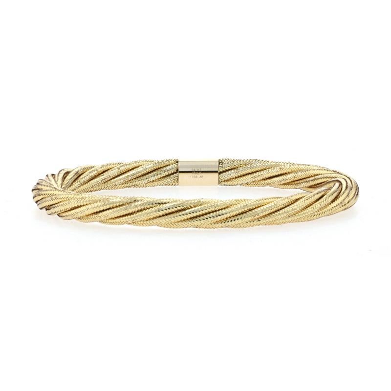 Metal Content: 14k Yellow Gold over Silicone Core

Style: Bangle
Fastening Type: N/A (slides over wrist)
Theme: Twist
Features: Woven, Lightweight

Measurements

Inner Circumference: 7 3/4