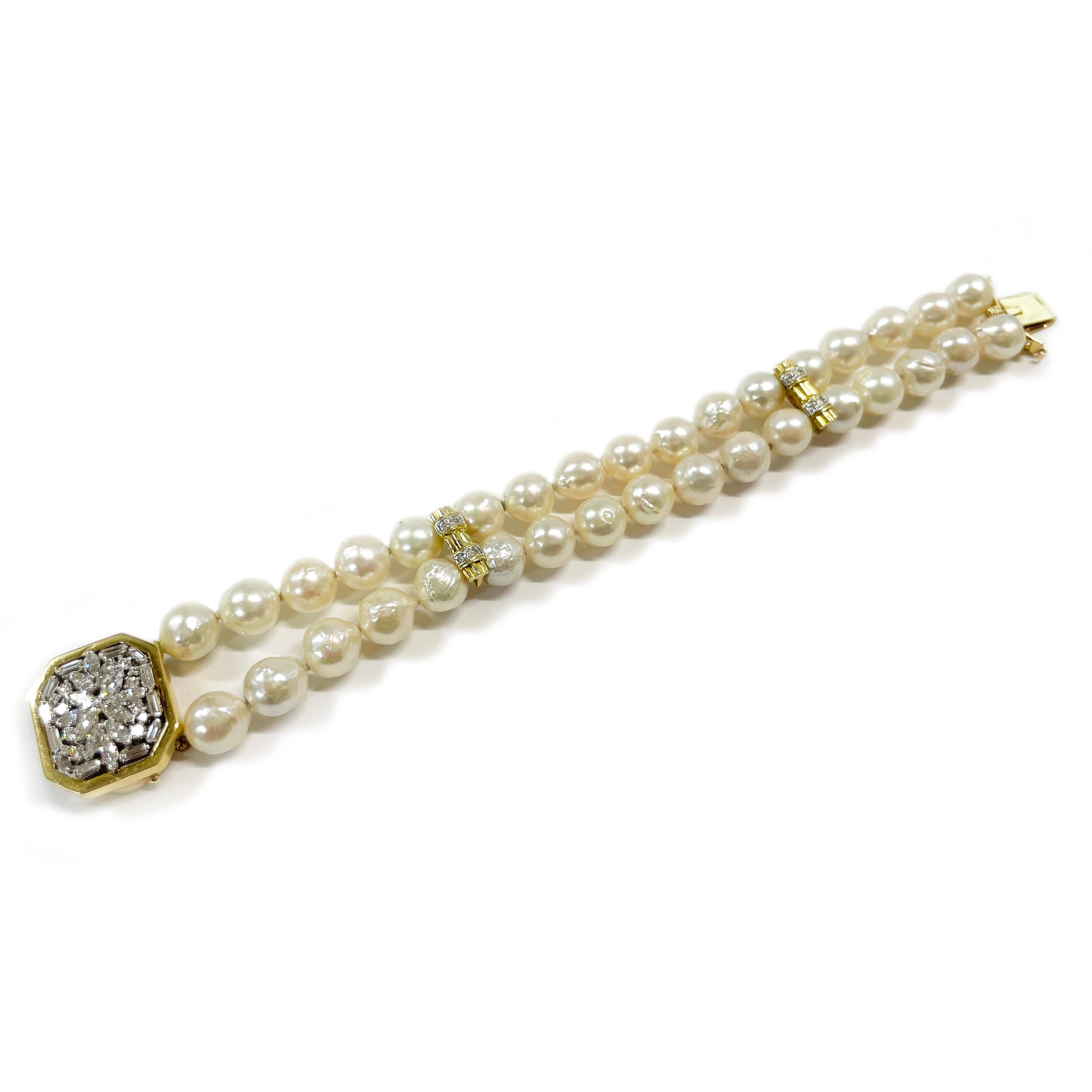14 Karat Yellow Gold Two-Strand Pearl Diamond Bracelet. Absolutely lovely two-strand baroque cultured pearl bracelet with double yellow gold bars with diamond accents and an octagon shaped diamond encrusted box closure. The bracelet features eleven
