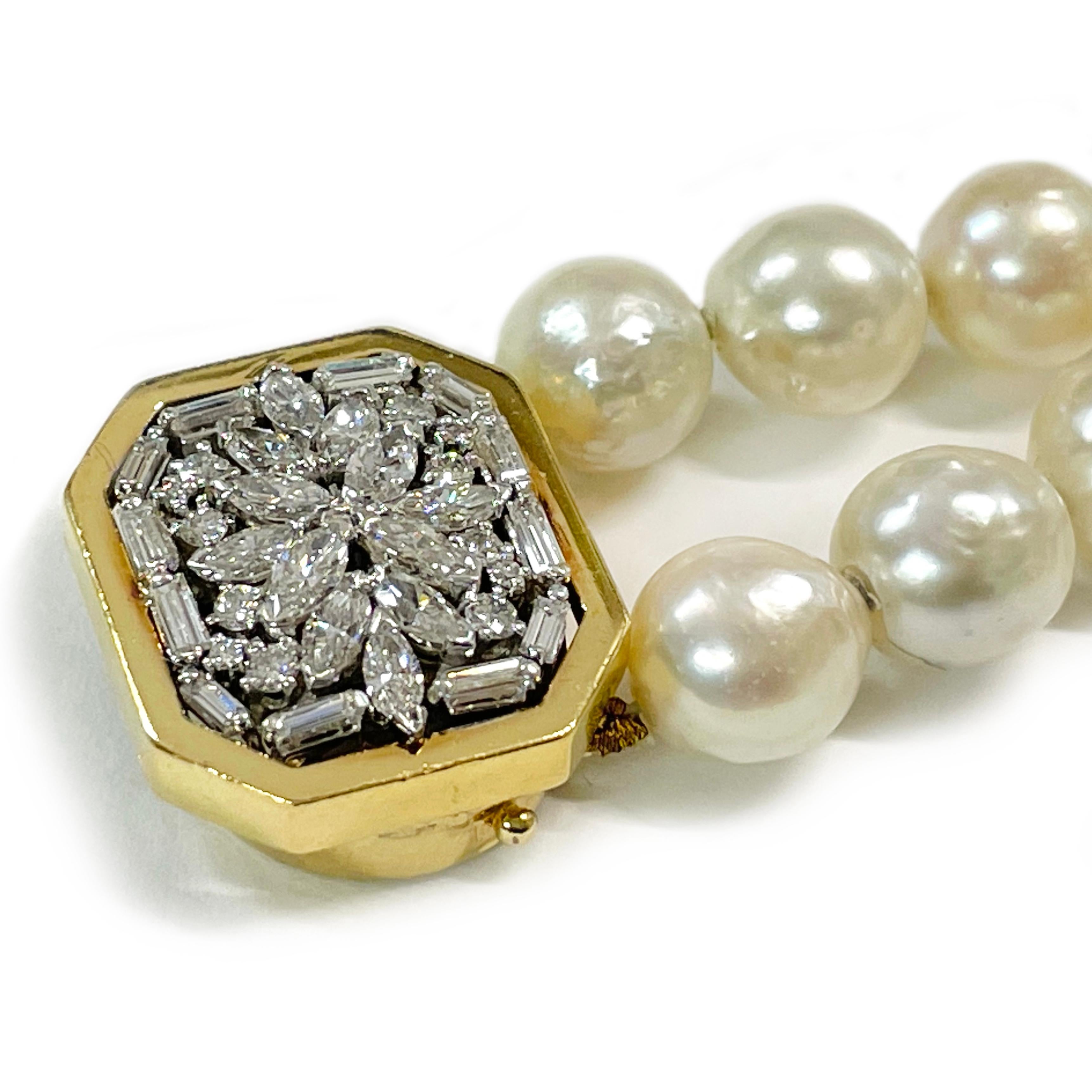 Zweireihiges Perlen-Diamant-Armband aus Gelbgold (Retro) im Angebot