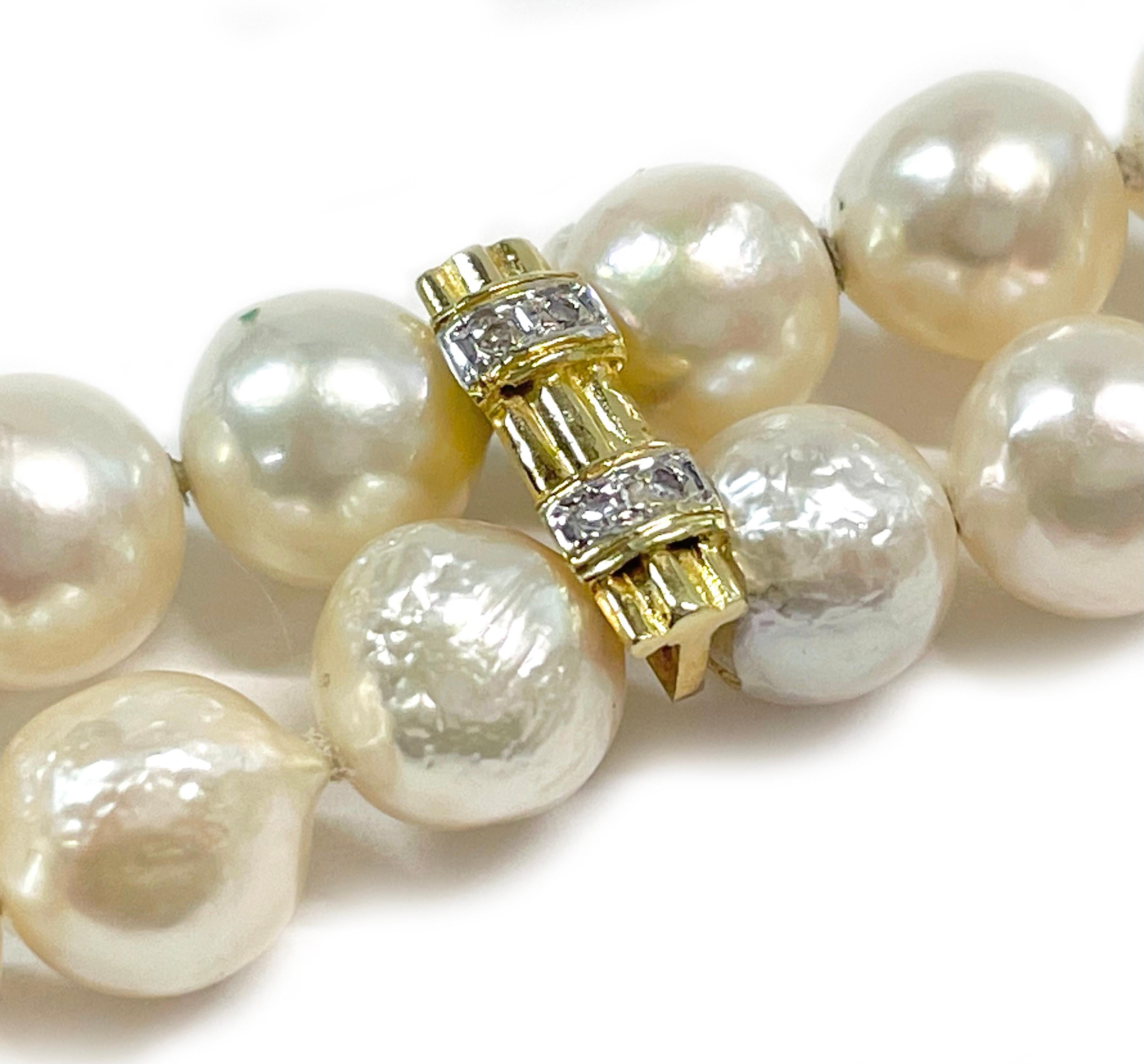 Zweireihiges Perlen-Diamant-Armband aus Gelbgold (Marquiseschliff) im Angebot