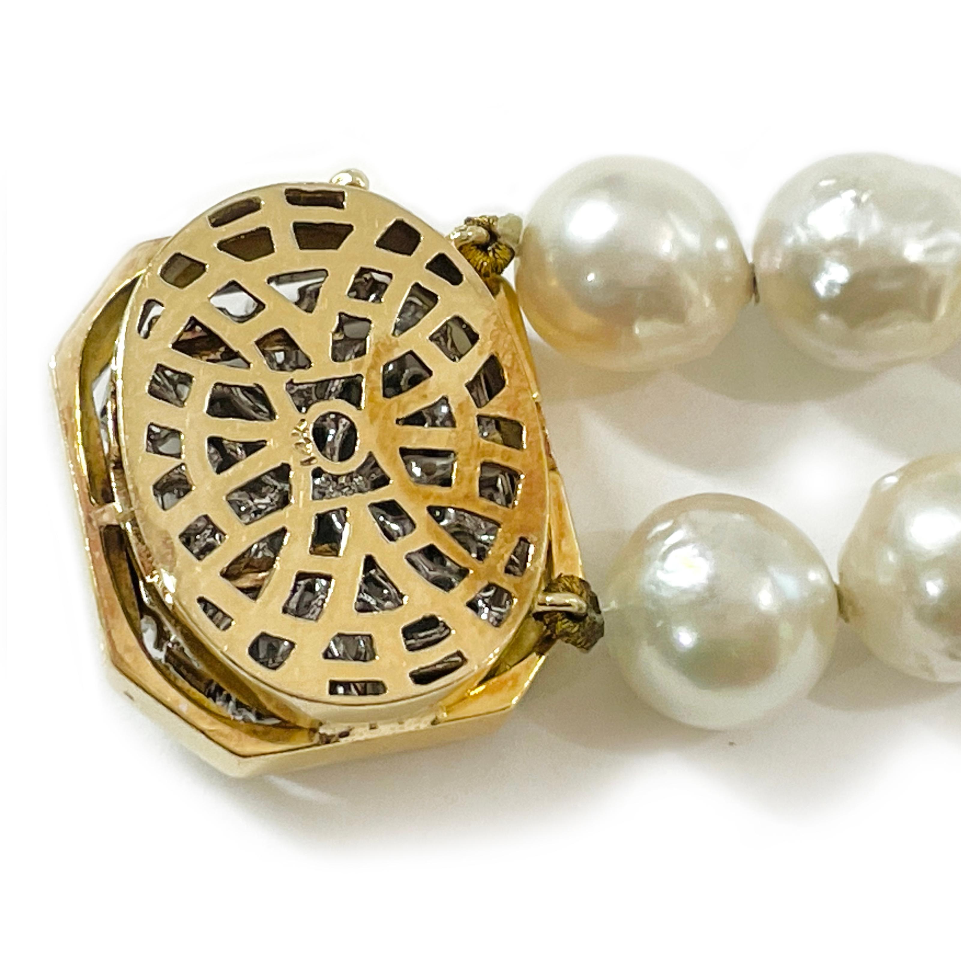 Yellow Gold Two-Strand Pearl Diamond Bracelet In Good Condition For Sale In Palm Desert, CA