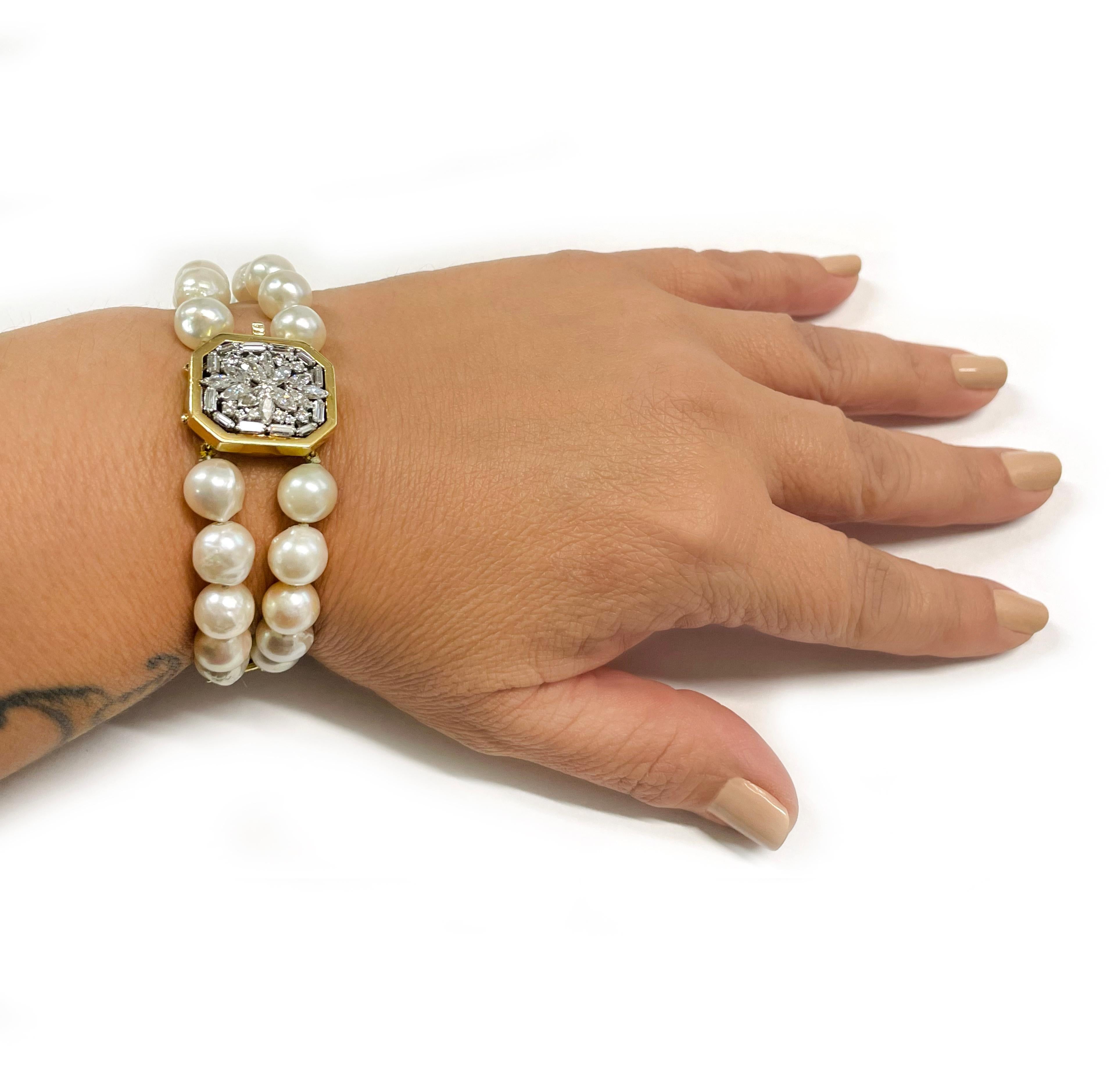 Zweireihiges Perlen-Diamant-Armband aus Gelbgold für Damen oder Herren