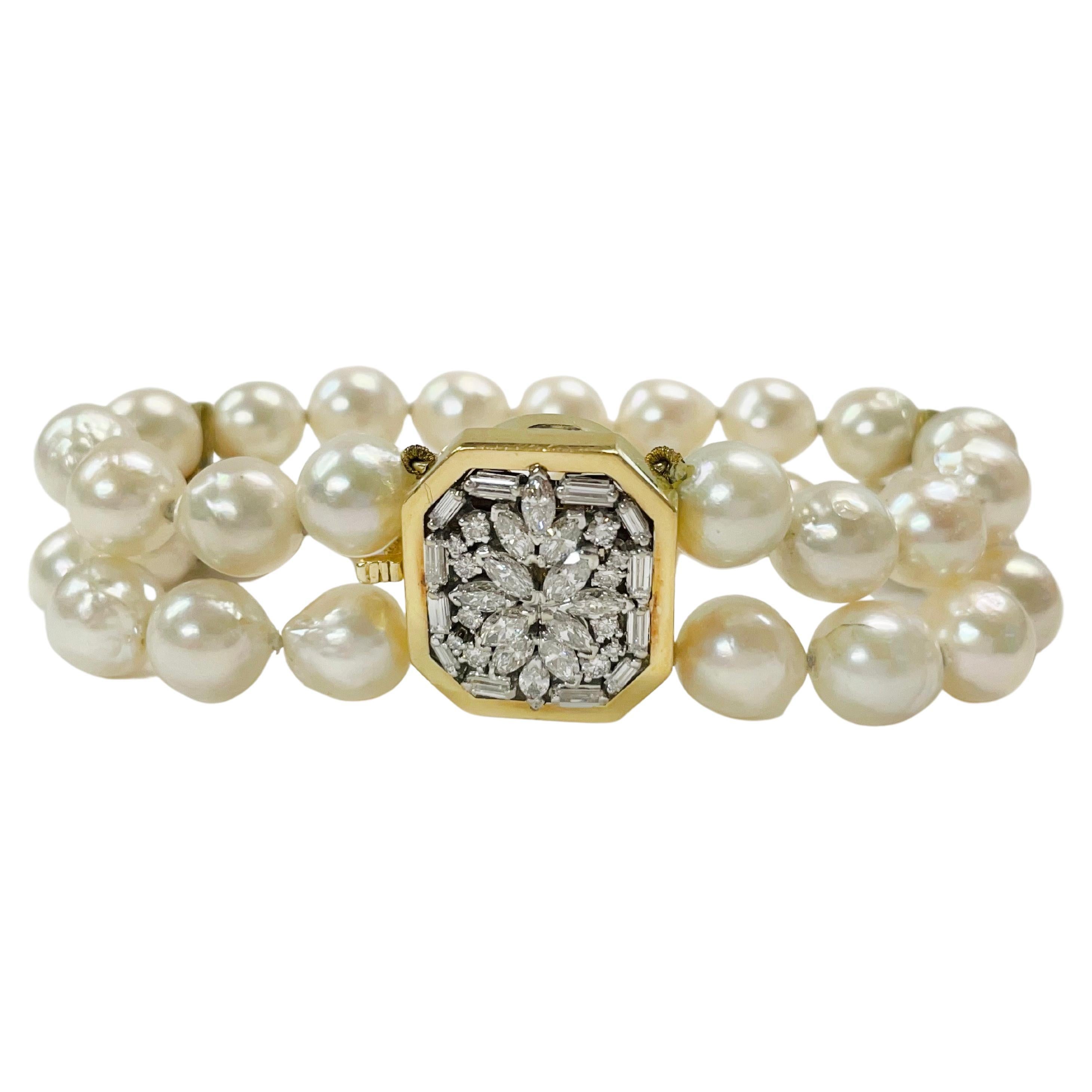 Yellow Gold Two-Strand Pearl Diamond Bracelet For Sale