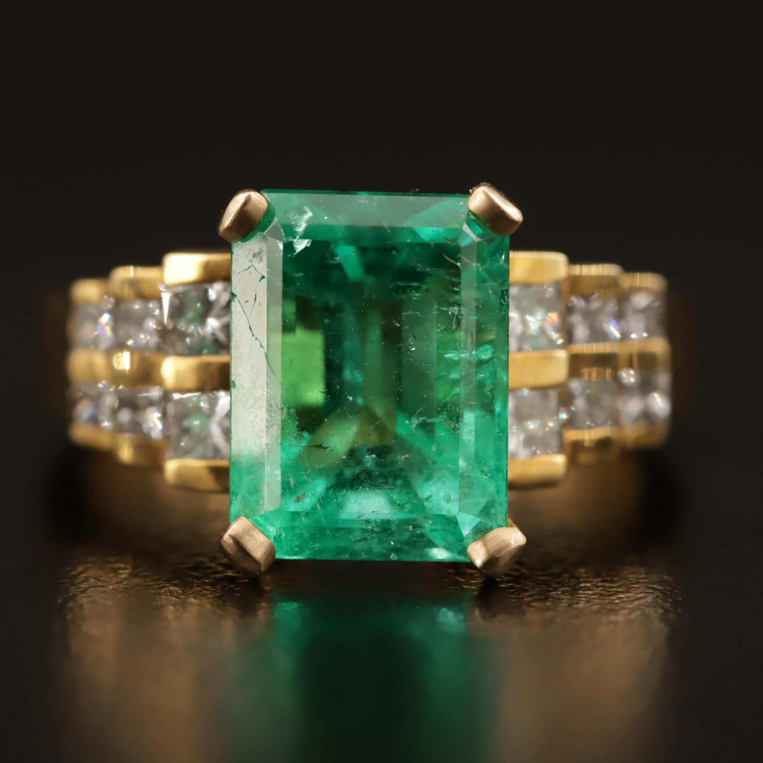 For Sale:  Art Deco 3 CT Certified Natural Emerald and Diamond Engagement Ring in 18K Gold 7